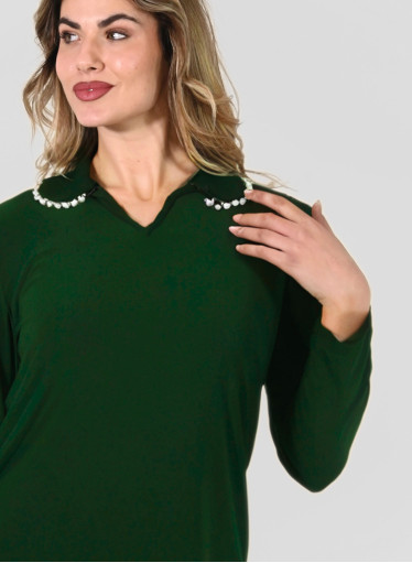 Πράσινη - κυπαρισσί μπλούζα με γιακά κεντημένο με πέρλες