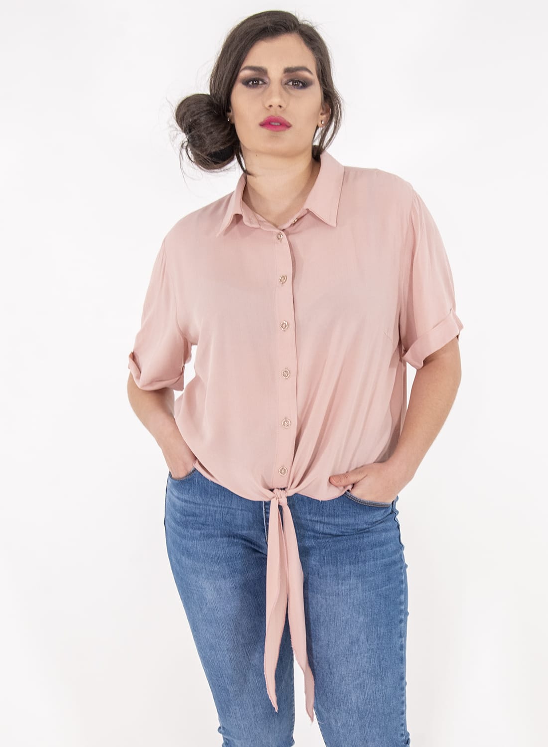 Ροζ κοντό πουκάμισο με φιόγκο