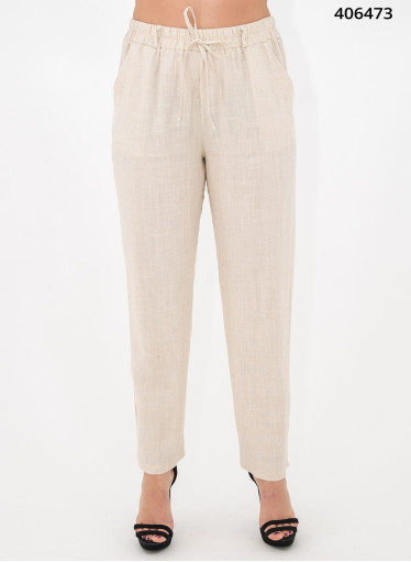 Μπεζ λινό παντελόνι με λάστιχο στη μέση