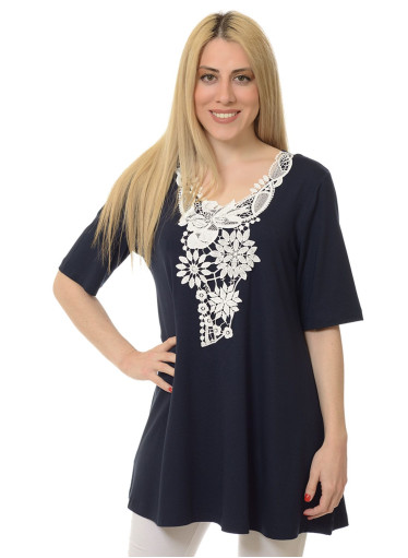 Μπλε ριχτή μπλούζα με δαντέλα