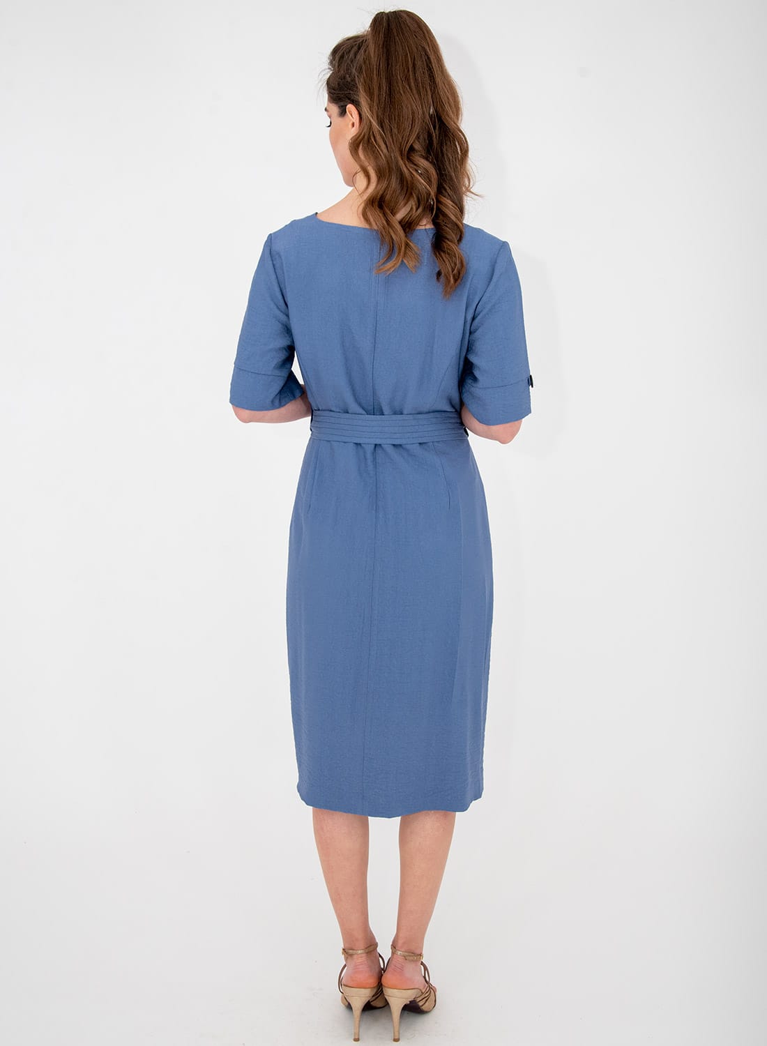 Μπλε ίσιο κολακευτικό φόρεμα με ζώνη