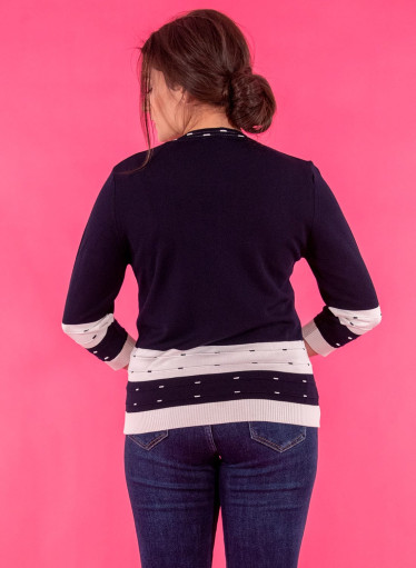 Μπλε πλέκτη μπλούζα με λευκές λεπτομέρειες