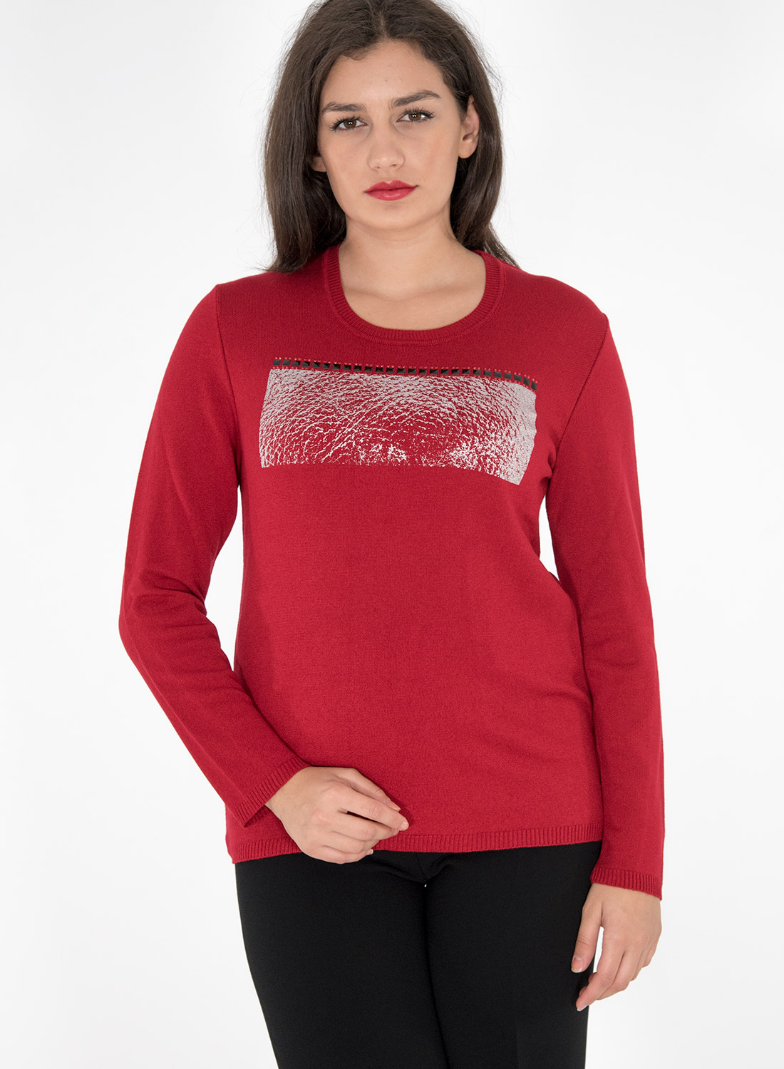 Κόκκινη πλεκτή μπλούζα με στάμπα 5103