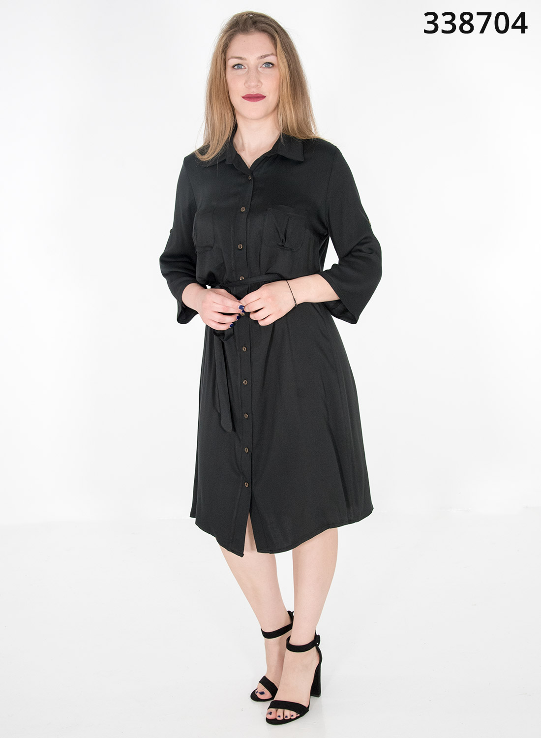 Μαύρο midi φόρεμα με κουμπιά και ζώνη στη μέση
